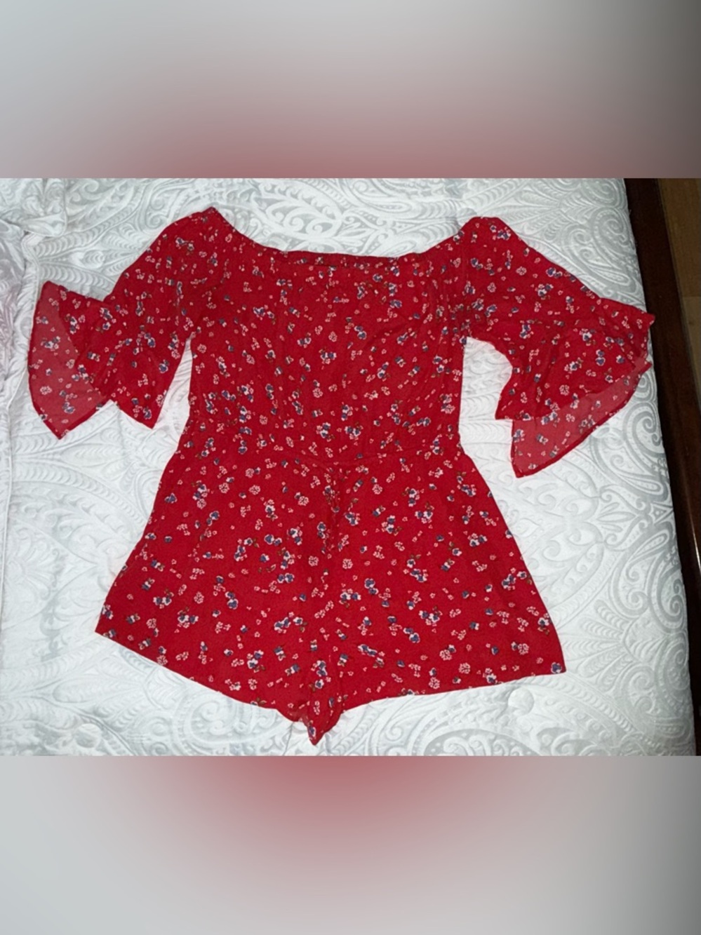 Express Red Floral Smocked Off-Shoulder Romper